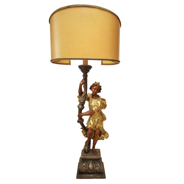 Lamp with polychrome sculpture of an angel in gilded wood with leaf