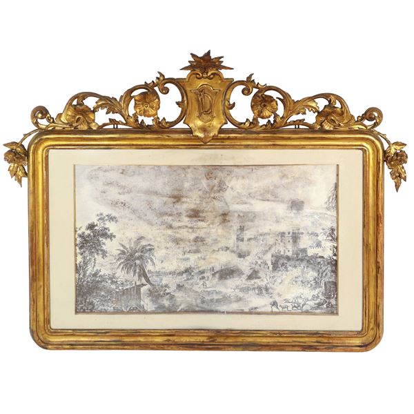 Large gilded wooden frame with cymatium containing etching of medieval city