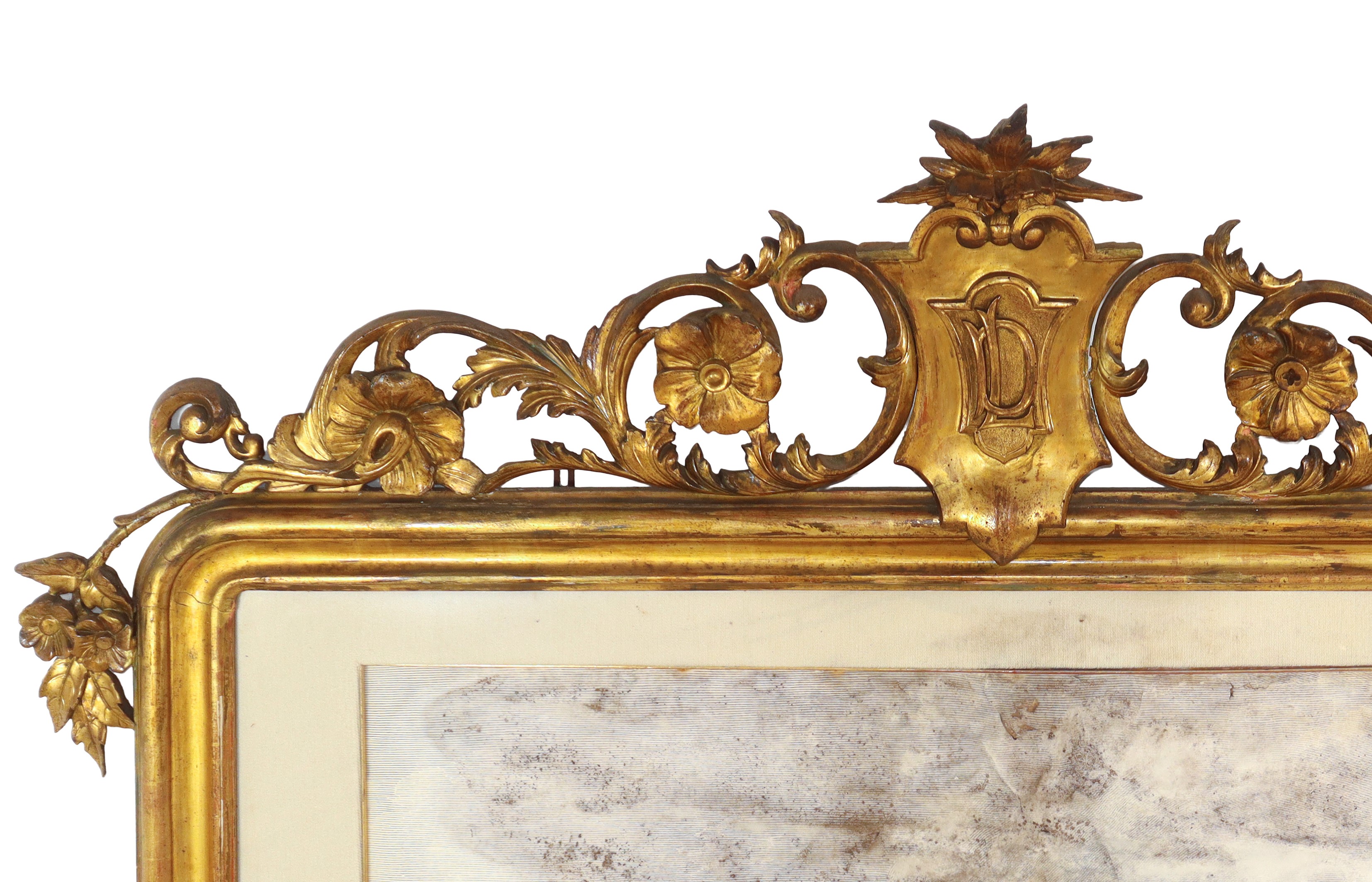 Grande Cornice Dorata in Legno con Cimasa Contenente Acquaforte di Città Medievale