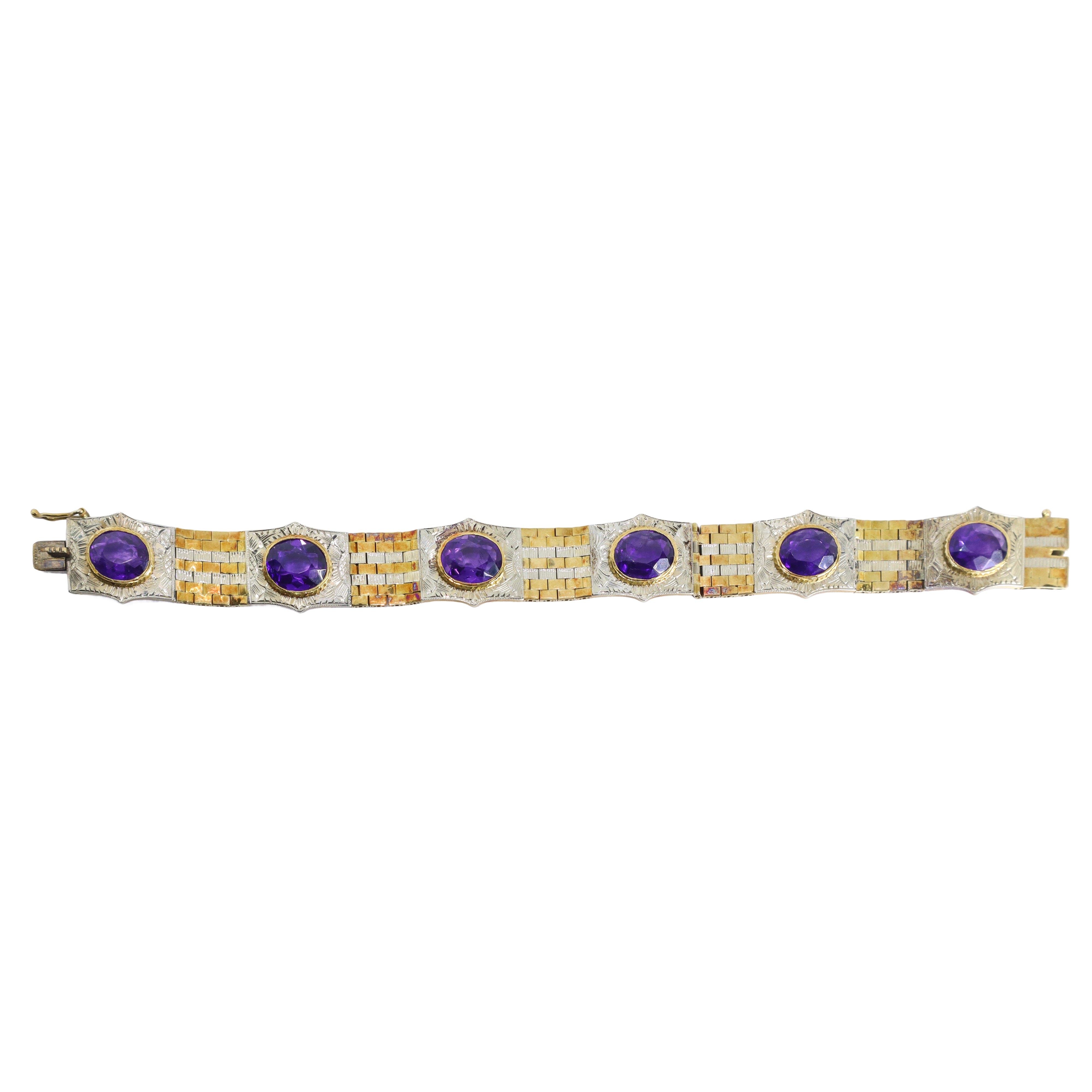 Bracciale in oro giallo e oro bianco 18kt con medaglioni di ametista sfaccettata nello stile decò