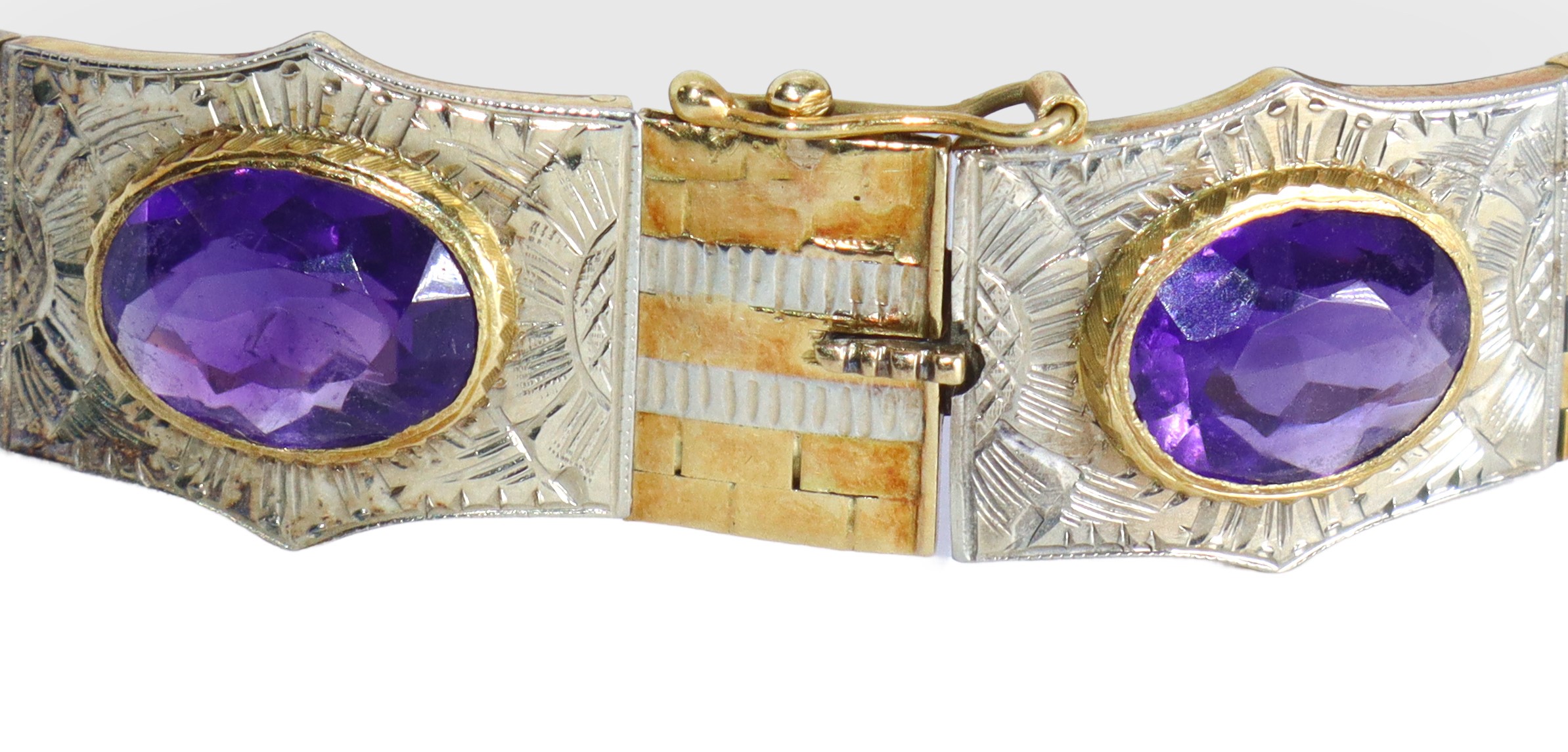 Bracciale in oro giallo e oro bianco 18kt con medaglioni di ametista sfaccettata nello stile decò
