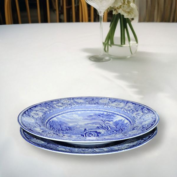 English porcelain dinner service with blue-toned decorations