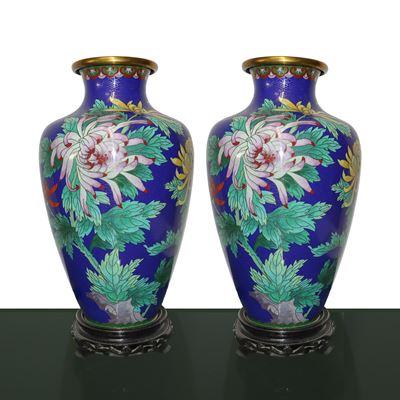 Coppia di Vasi Cloisonnet Fondo Blu