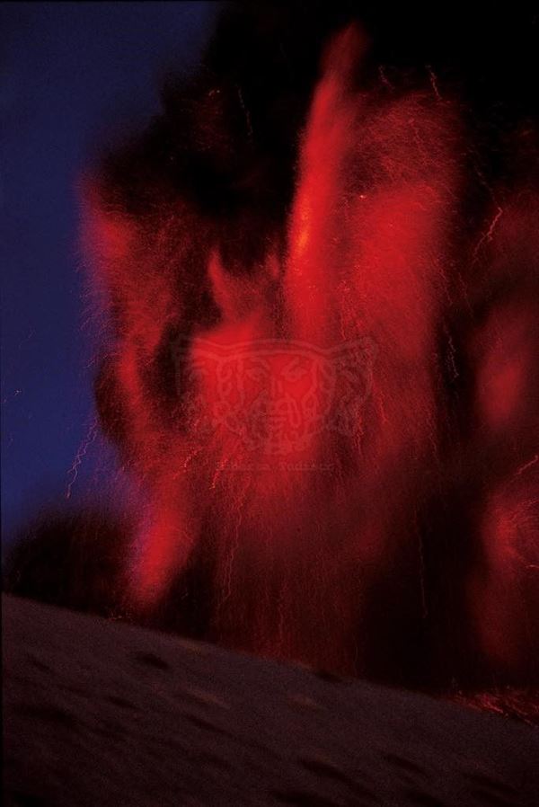 Collection EM, titled "Devil", 2002. Etna eruption in 2002, lava explosion, slide 0/8, 30x45, cibachrome slide by direct printing, 40x55 forex 12mm white, Contouring white, cardboard