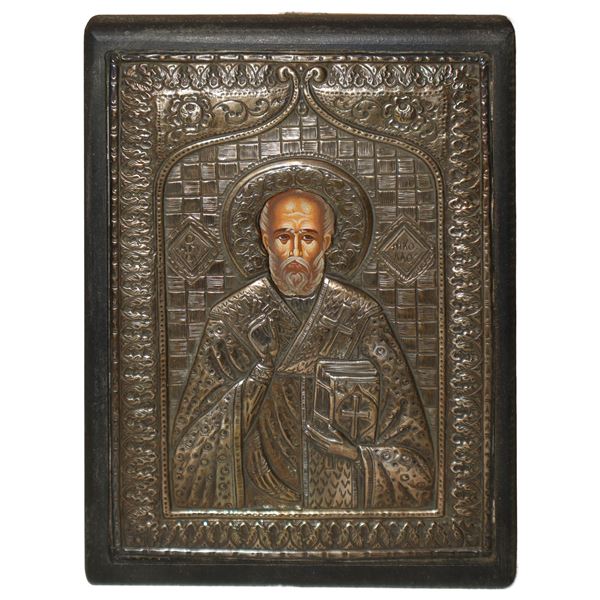 Byzantine icon with 750 silver covered riza depicting Saint Nicholas