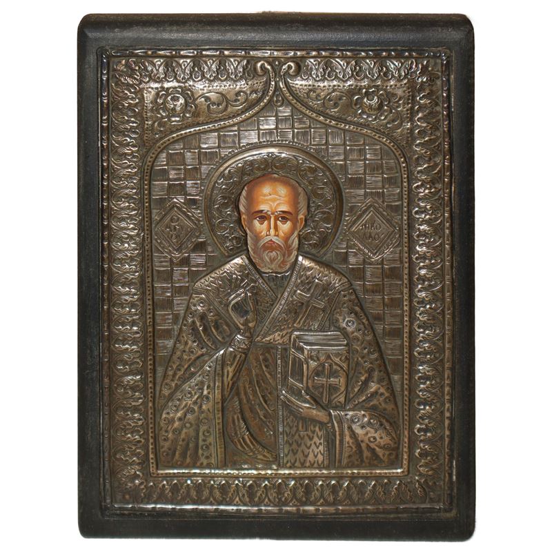 Icona Bizantina con Riza Ricoperta in Argento 750 Raffigurante San Nicola