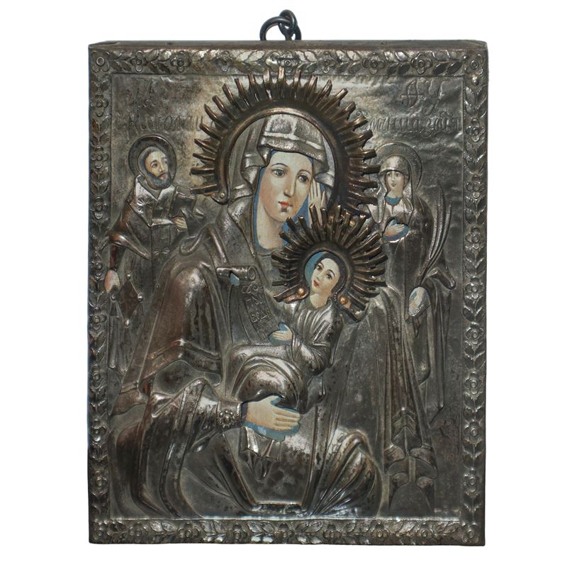 Icona russa con riza in argento 925 raffigurante Madonna con bambino e santi