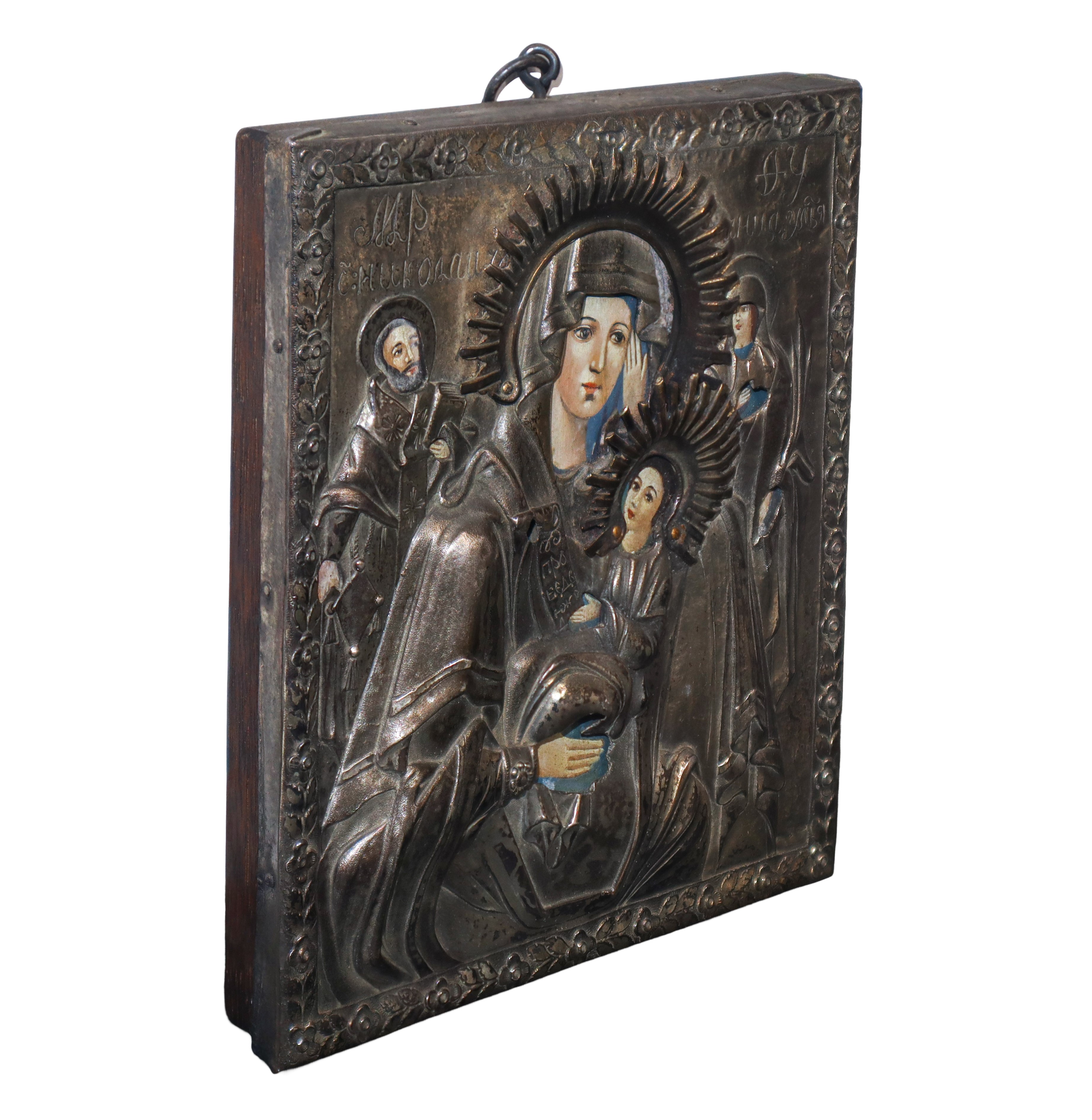 Icona russa con riza in argento 925 raffigurante Madonna con bambino e santi