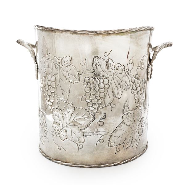 Hand-embossed 800 silver ice bucket with grape vines and side handles