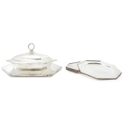 Zuppiera ottagonale in silver plated con vassoio e sei sottopiatti