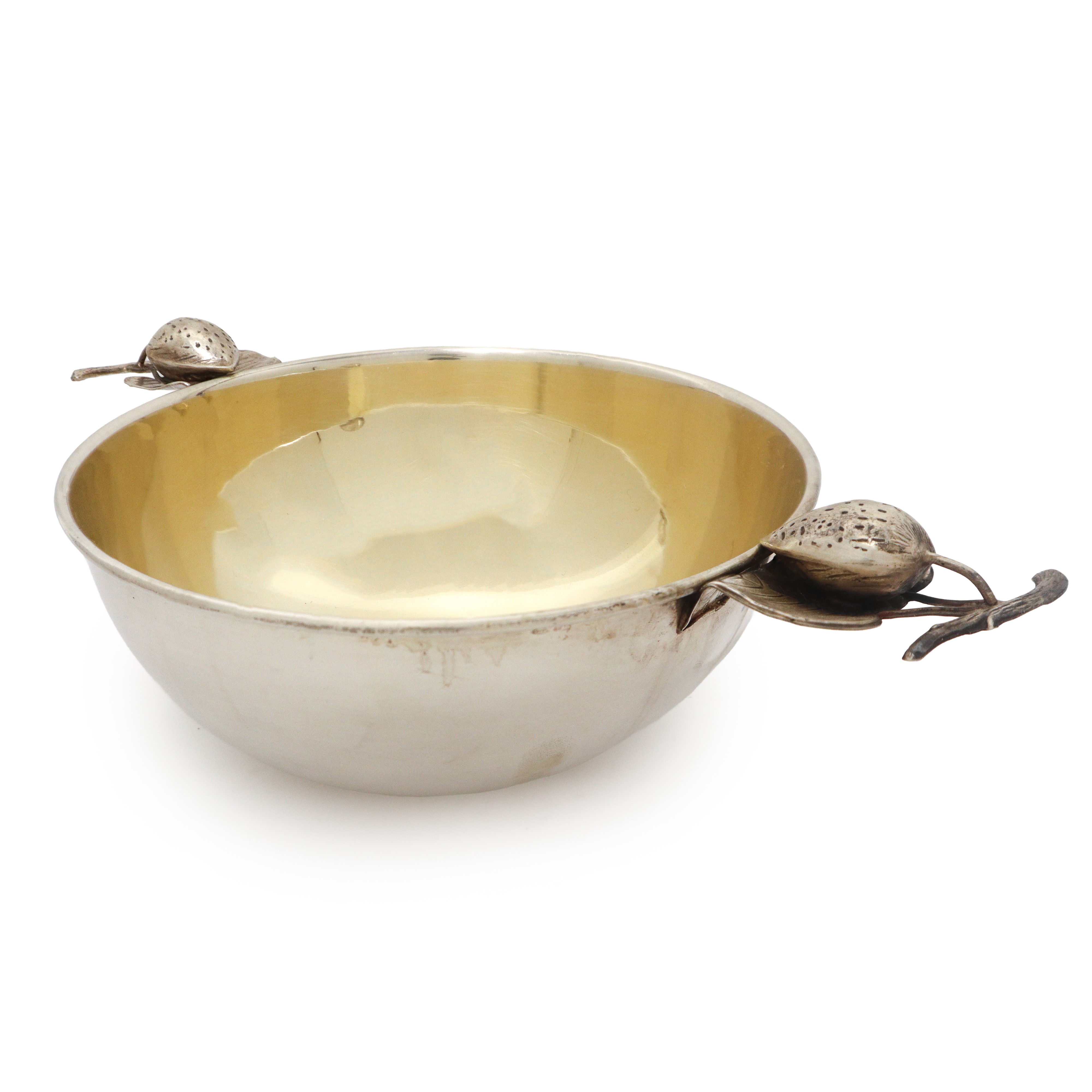 Ciotola in argento vermeil con prese laterali con frutti