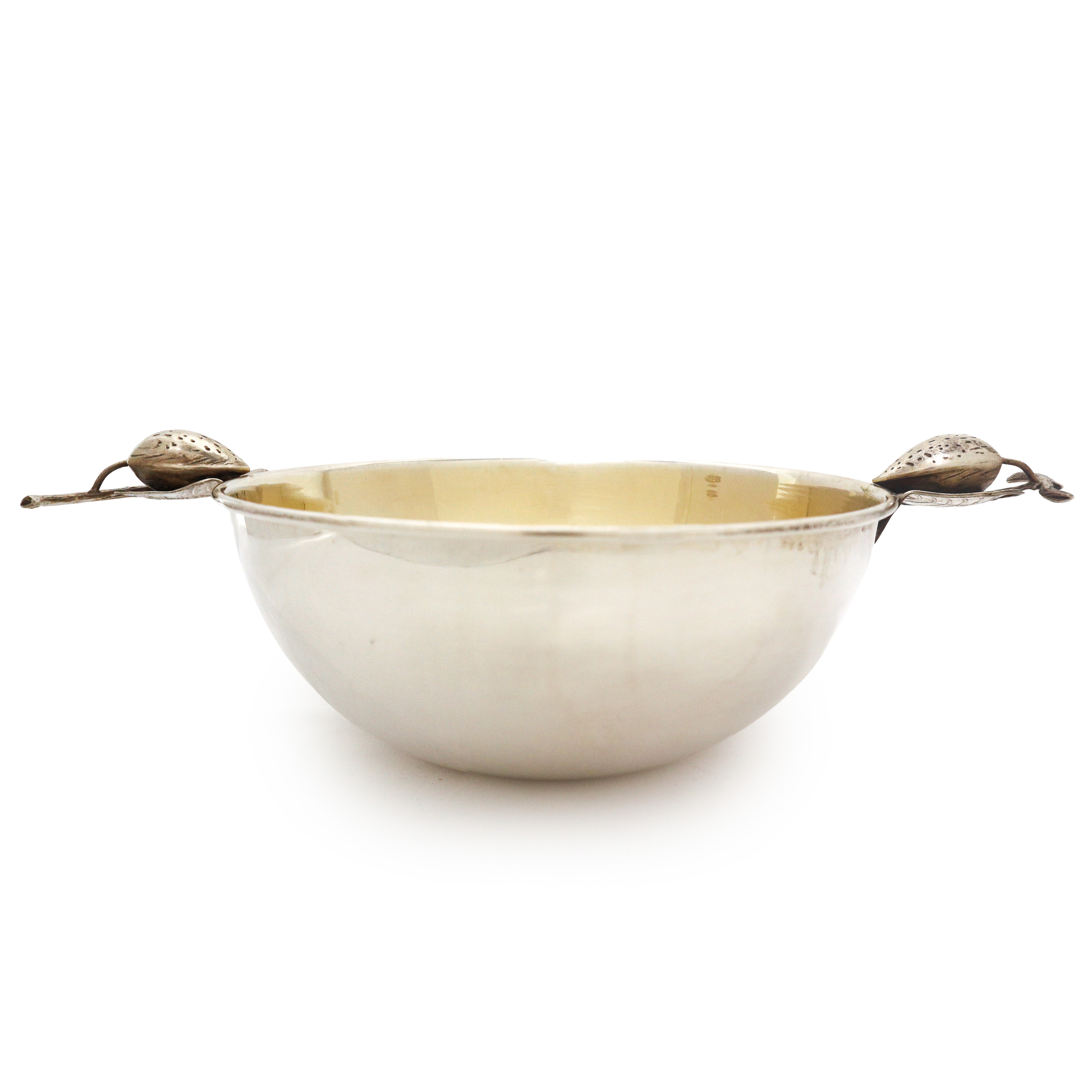 Ciotola in argento vermeil con prese laterali con frutti