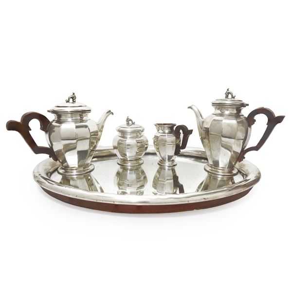 800 silver tea set with silver-edged tray, glass top and wooden undertop