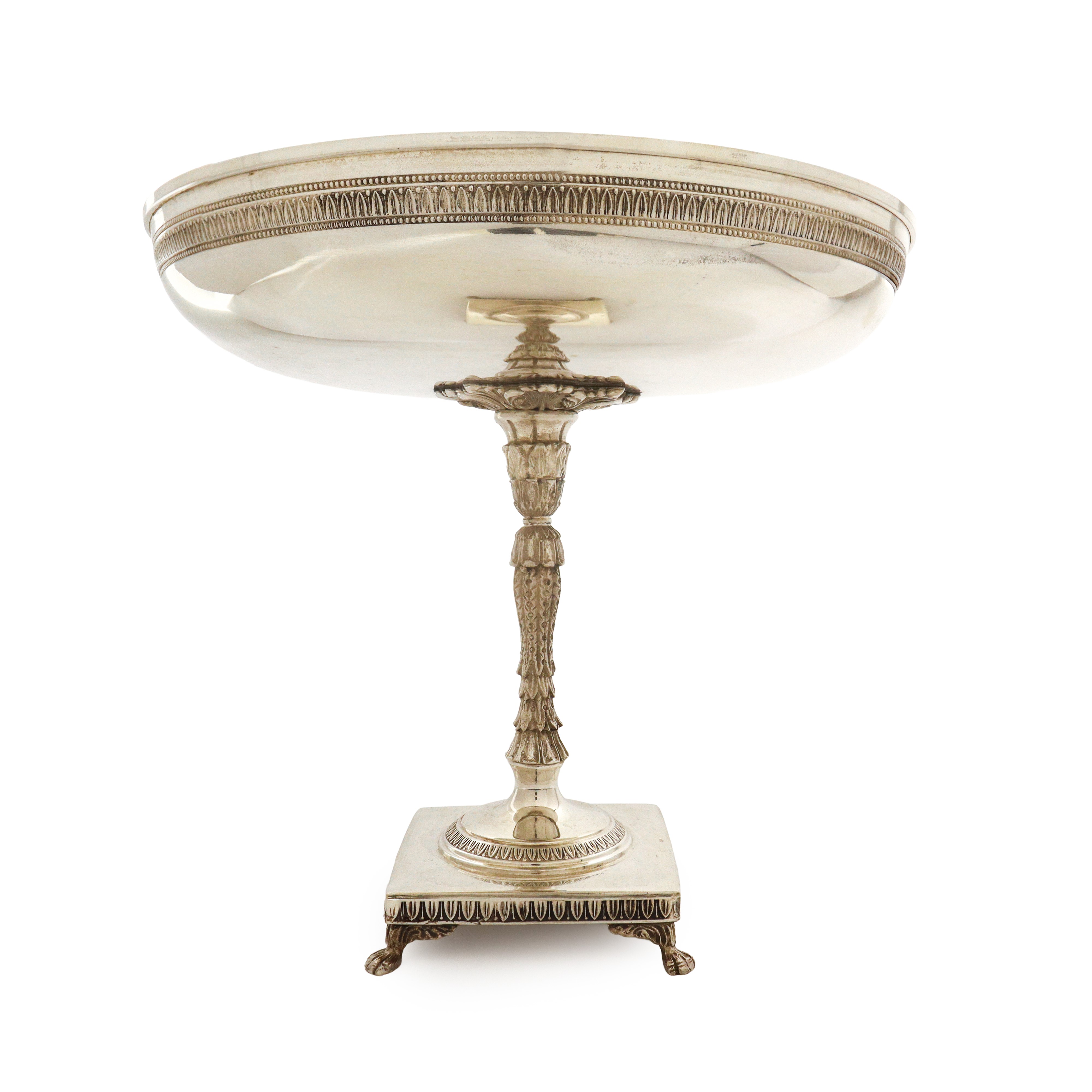 Alzata in argento 800 stile impero con base quadrata e piedi felini