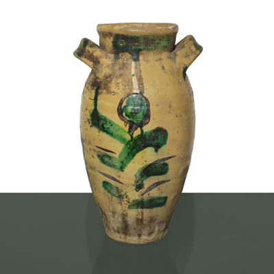 Vaso in Maiolica di Caltagirone con Prese Laterali Decorato Invetriato e Smaltato Verde