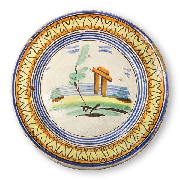 Hand painted Caltagirone ceramic plate with landscape