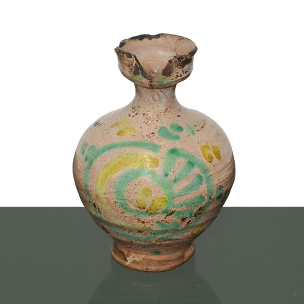 Caltagirone majolica jar with handle and green and yellow decorations