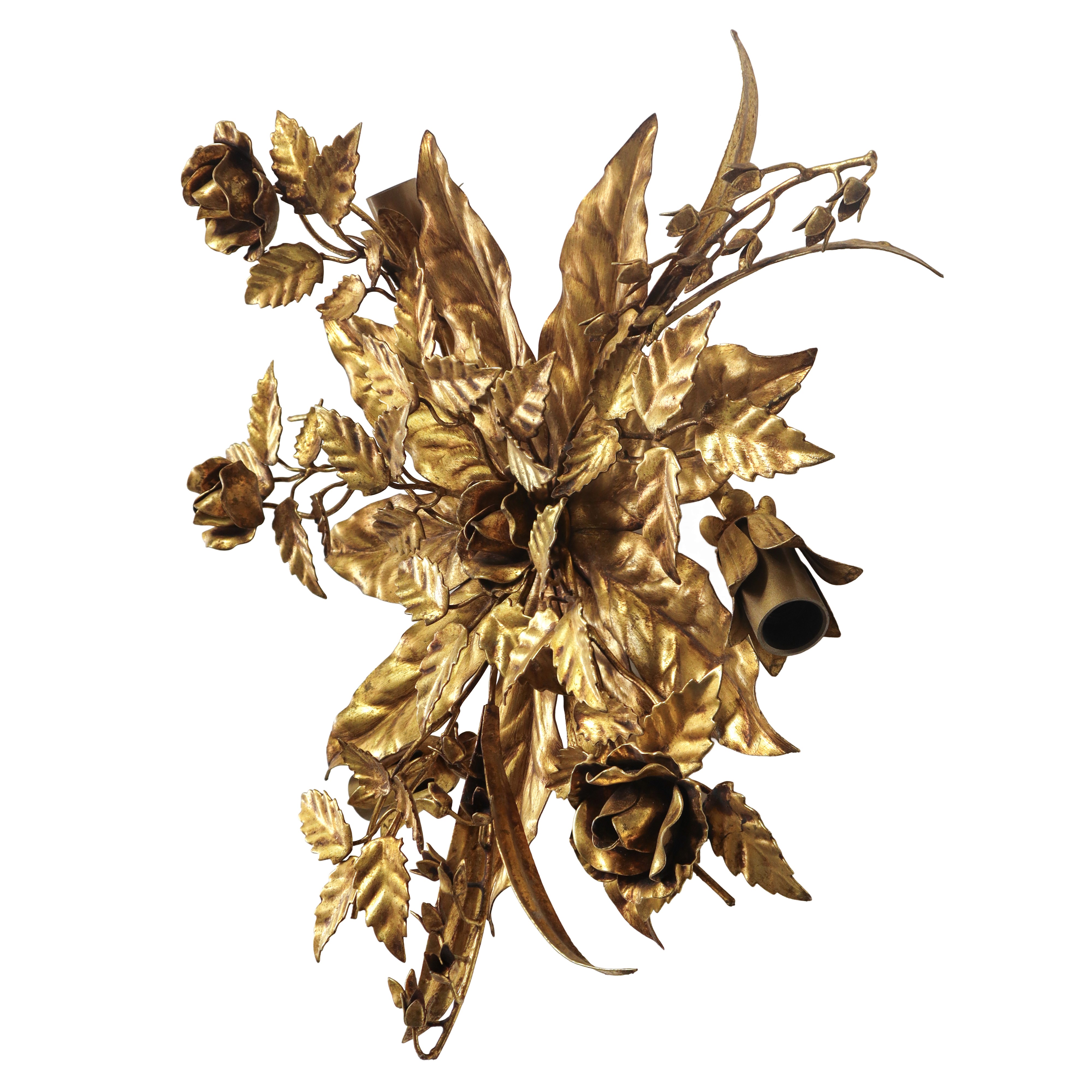 Plafone da tetto o da parete a 3 luci in metallo dorato sbalzato a foglie e fiori