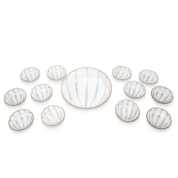 Carlo Moretti - Large shell shaped centerpiece with 12 gold edged bowls