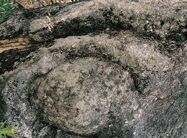 Collection EM, titled "Menhir's Eye", 2002. France: alignment of Carnac stones, menhirs (detail), slide 1/8, 30x45, Cibachrome print directly from the slide, 40x55 forex 10mm, Contouring white, cardboard, edges sand coating volcanic