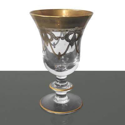 Set di 12 calici da vino in vetro di Murano, stile Impero con decorazioni a festoni e bordo dorat...