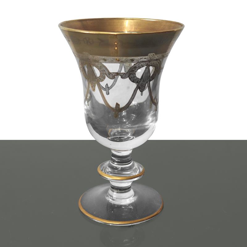 Set di 12 calici da vino, vetro di Murano in stile Impero con decori a festoni e bordo dorato