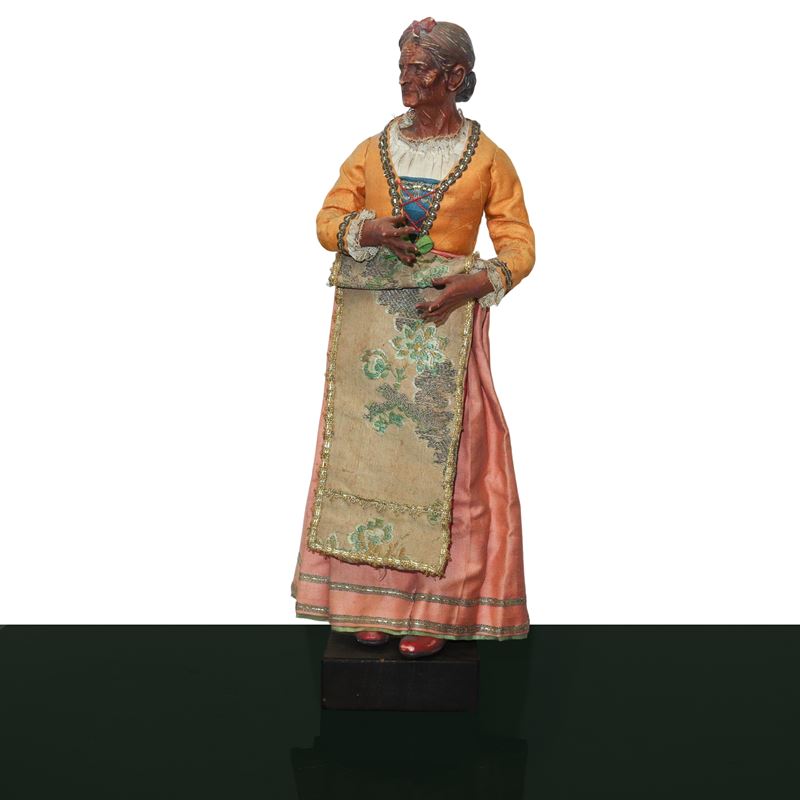 Personaggio Presepiale in Terracotta e Legno con Vesti in Cotone, Raso e Passamaneria: Massaia Po...