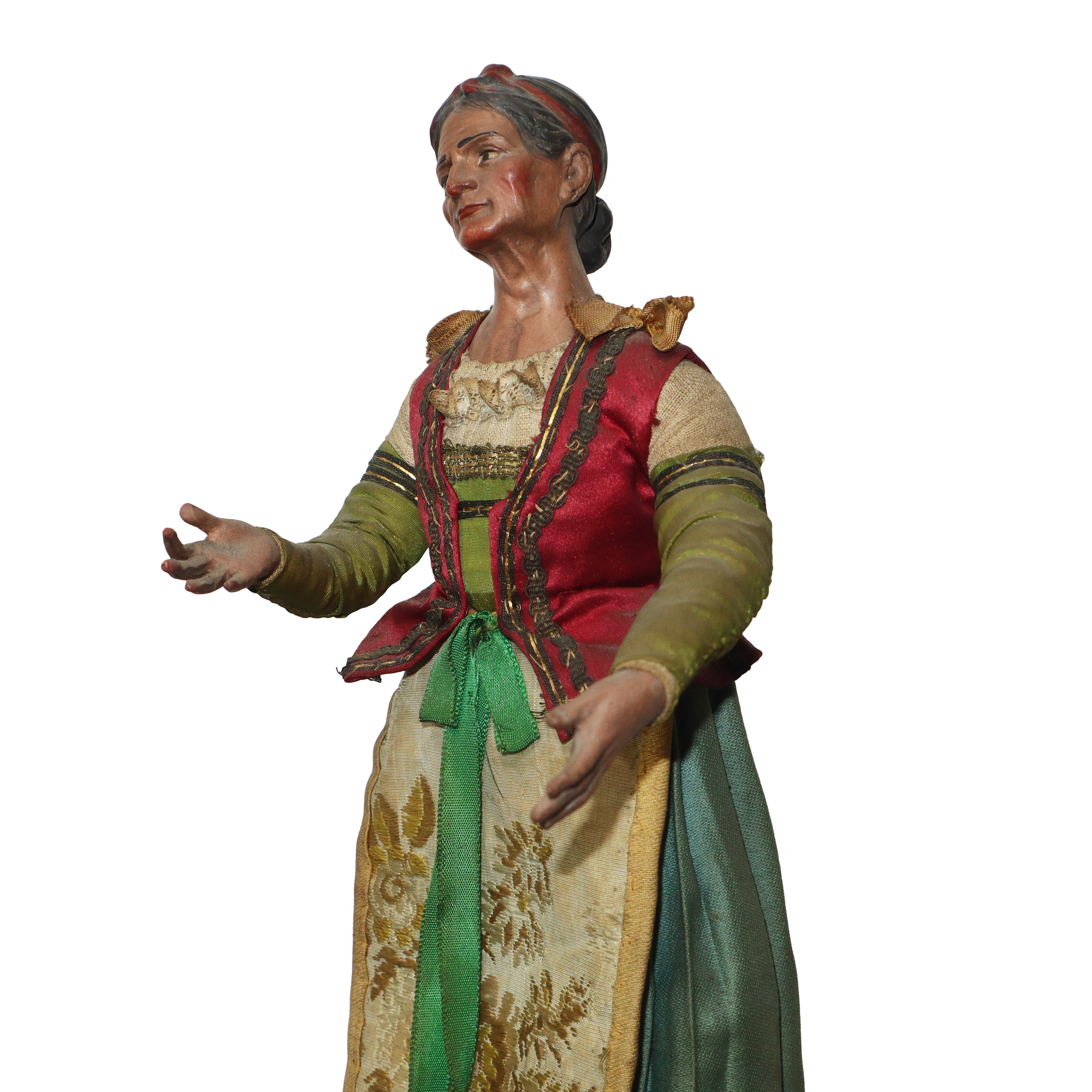 Personaggio Presepiale in Terracotta e Legno con Vesti in Cotone, Raso e Passamaneria: Donna Popo...