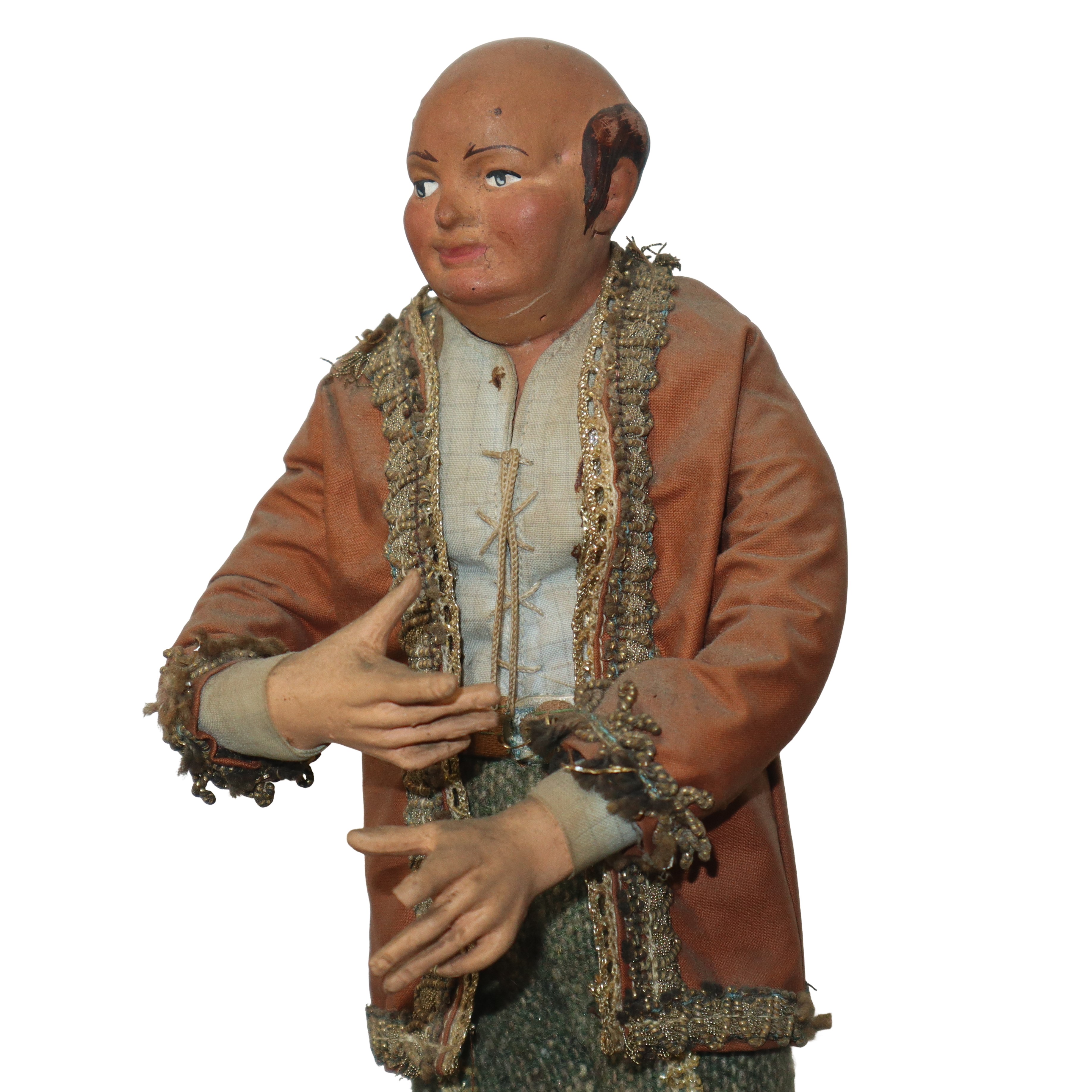 Personaggio presepiale napoletano del XIX secolo, terracotta e legno con vesti in cotone e passam...