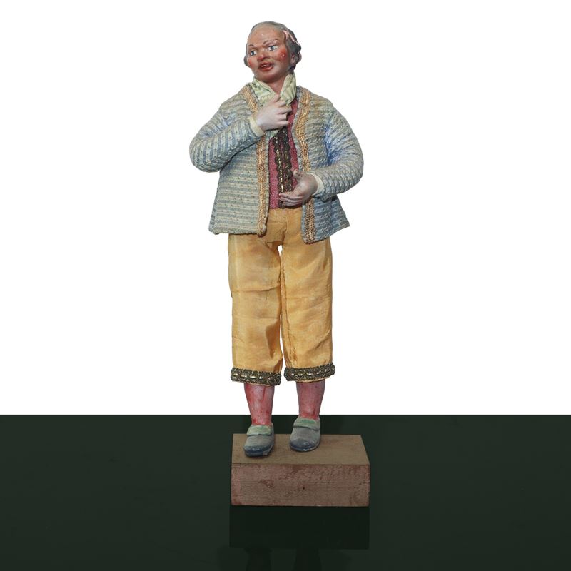 Personaggio Presepiale in Terracotta e Legno con Vesti in Cotone, Raso e Passamaneria: : Uomo con...