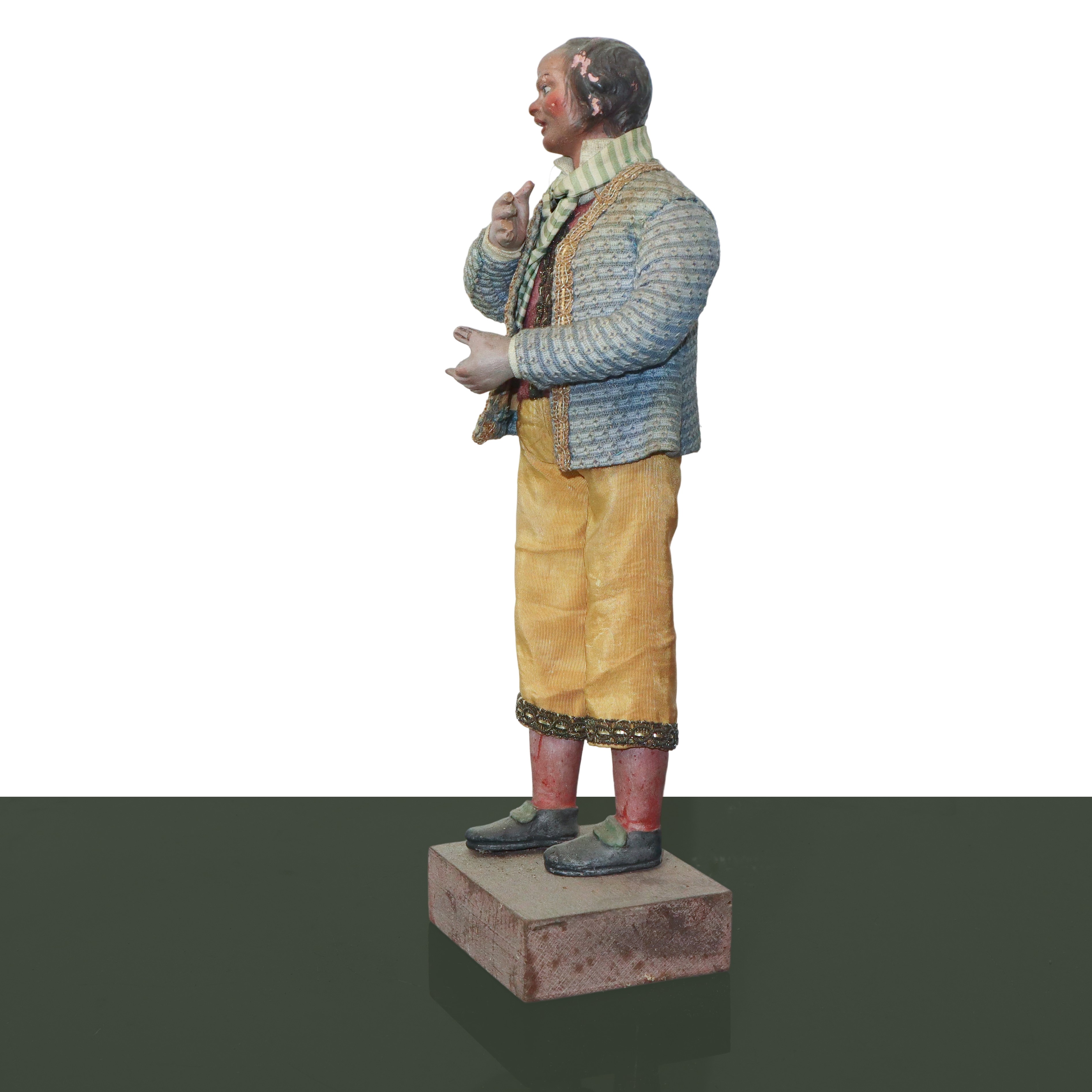 Personaggio Presepiale in Terracotta e Legno con Vesti in Cotone, Raso e Passamaneria: : Uomo con...