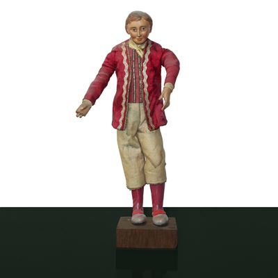Personaggio Presepiale in Terracotta e Legno con Vesti in Cotone, Raso e Passamaneria: Giovane No...