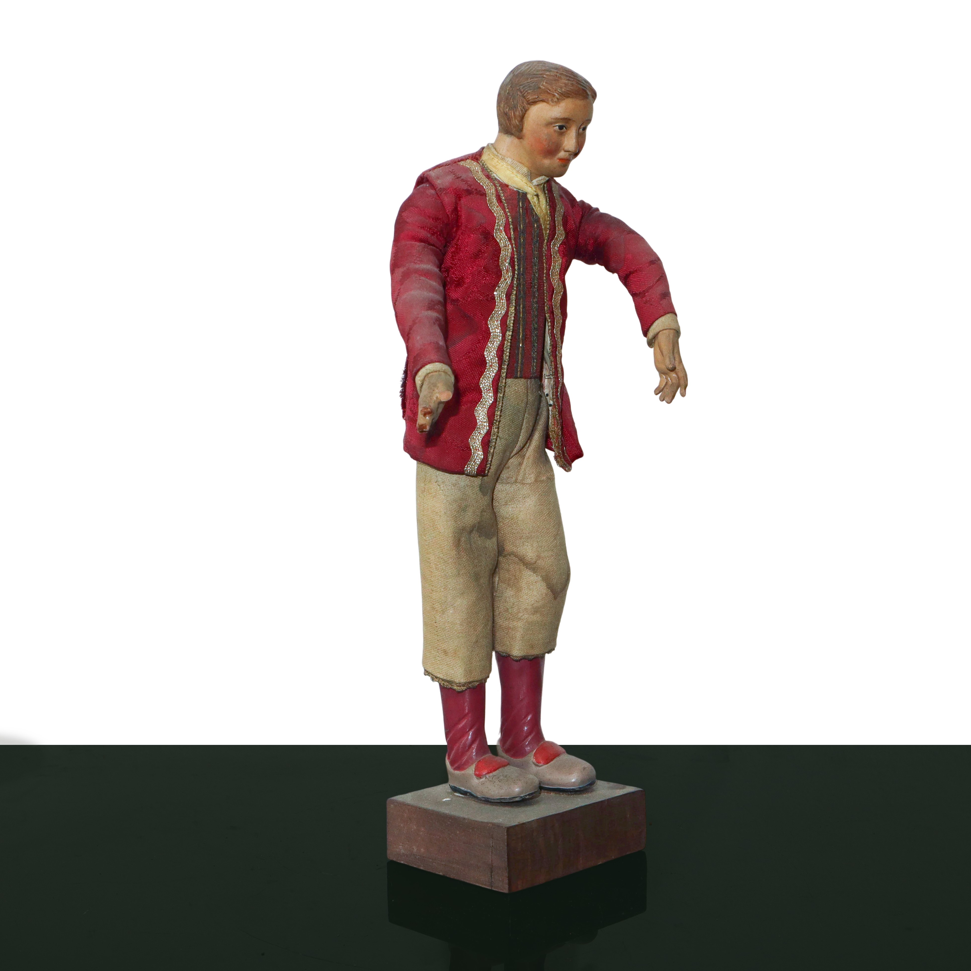 Personaggio Presepiale in Terracotta e Legno con Vesti in Cotone, Raso e Passamaneria: Giovane No...