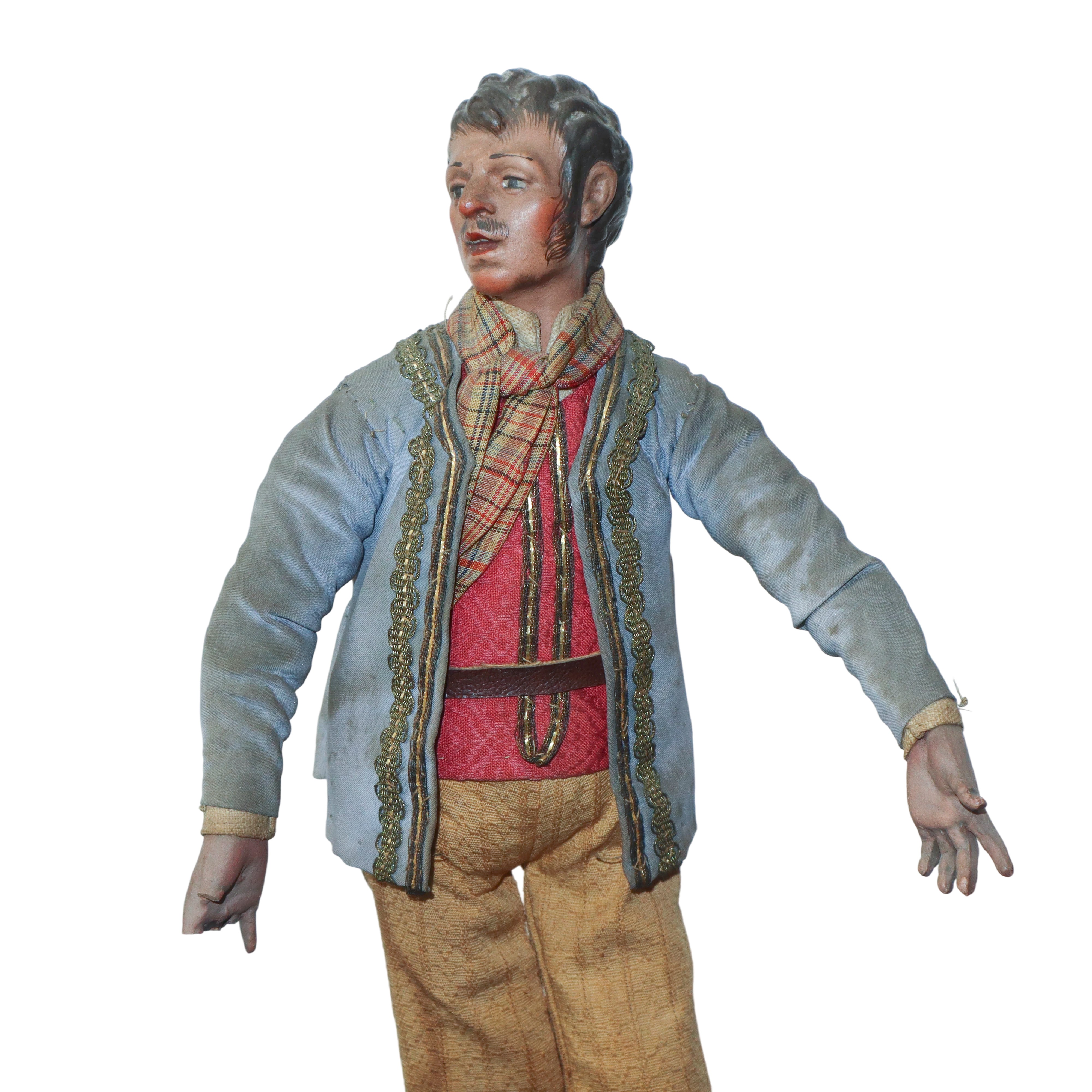 Personaggio Presepiale in Terracotta e Legno con Vesti in Cotone, Raso e Passamaneria: Popolano c...