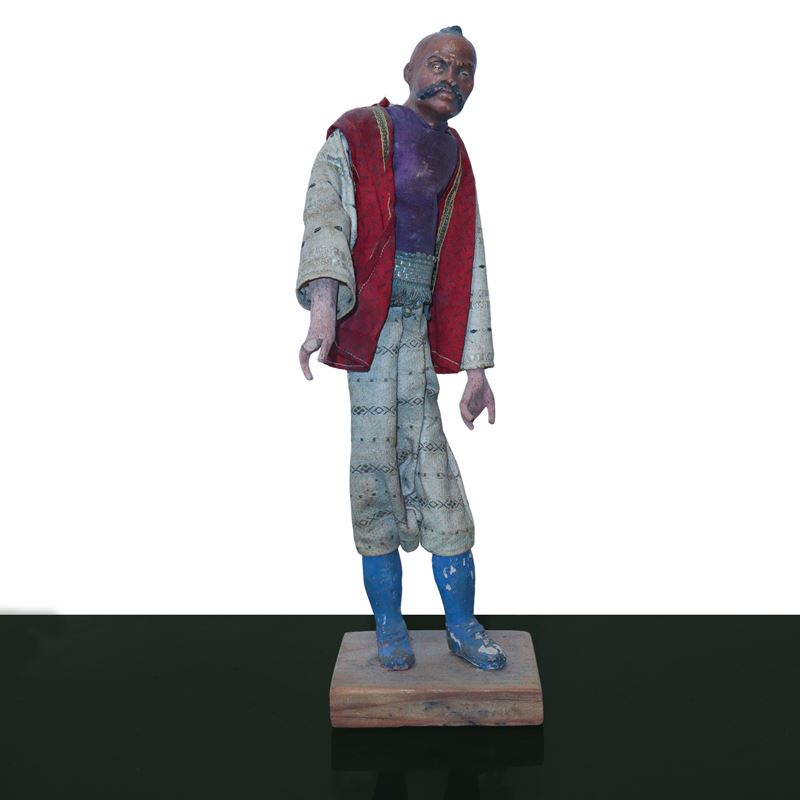 Personaggio Presepiale in Terracotta e Legno con Vesti in Cotone, Raso e Passamaneria: Turco con ...