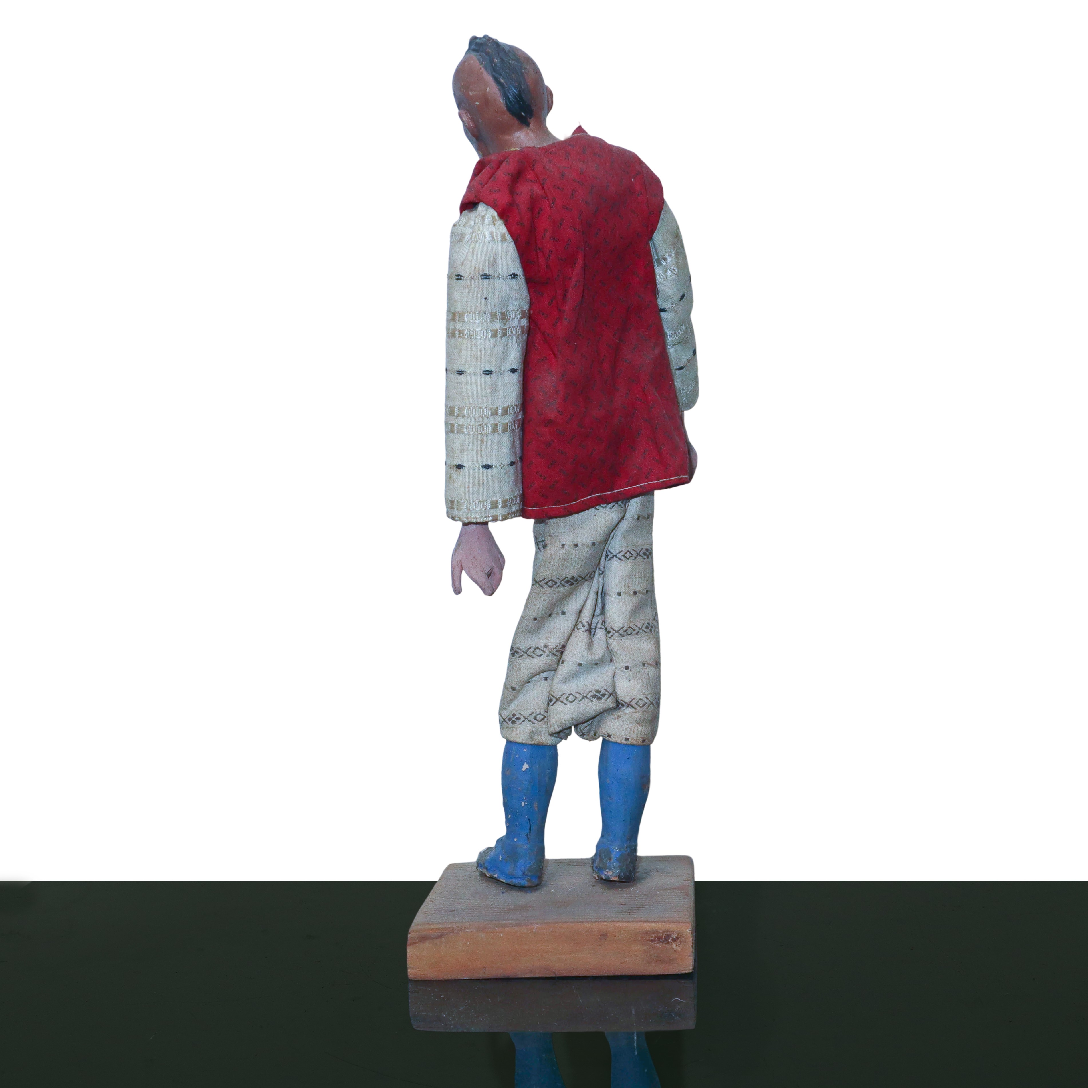 Personaggio Presepiale in Terracotta e Legno con Vesti in Cotone, Raso e Passamaneria: Turco con ...