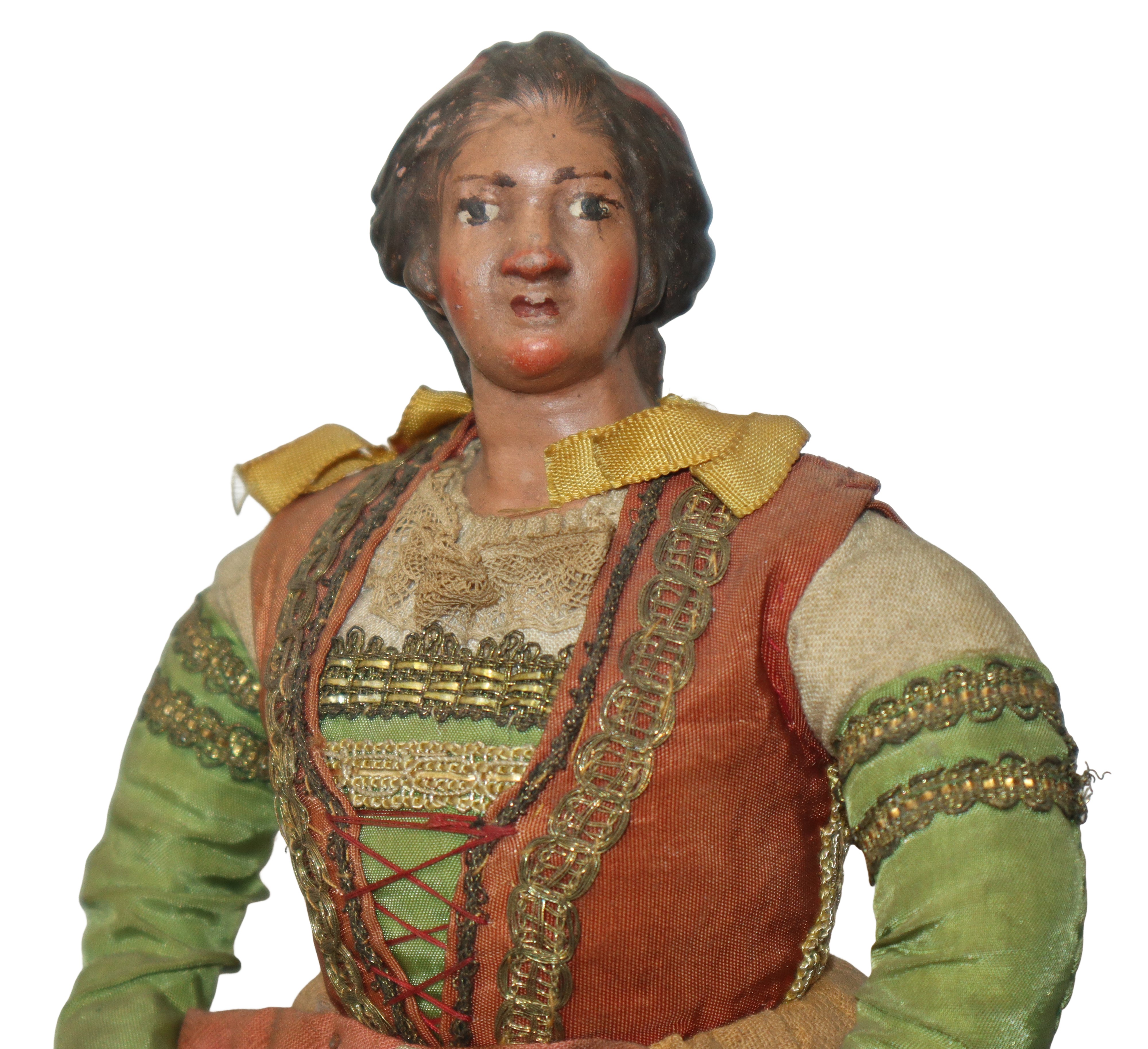 Personaggio Presepiale in Terracotta e Legno con Vesti in Cotone, Raso e Passamaneria: Popolana c...