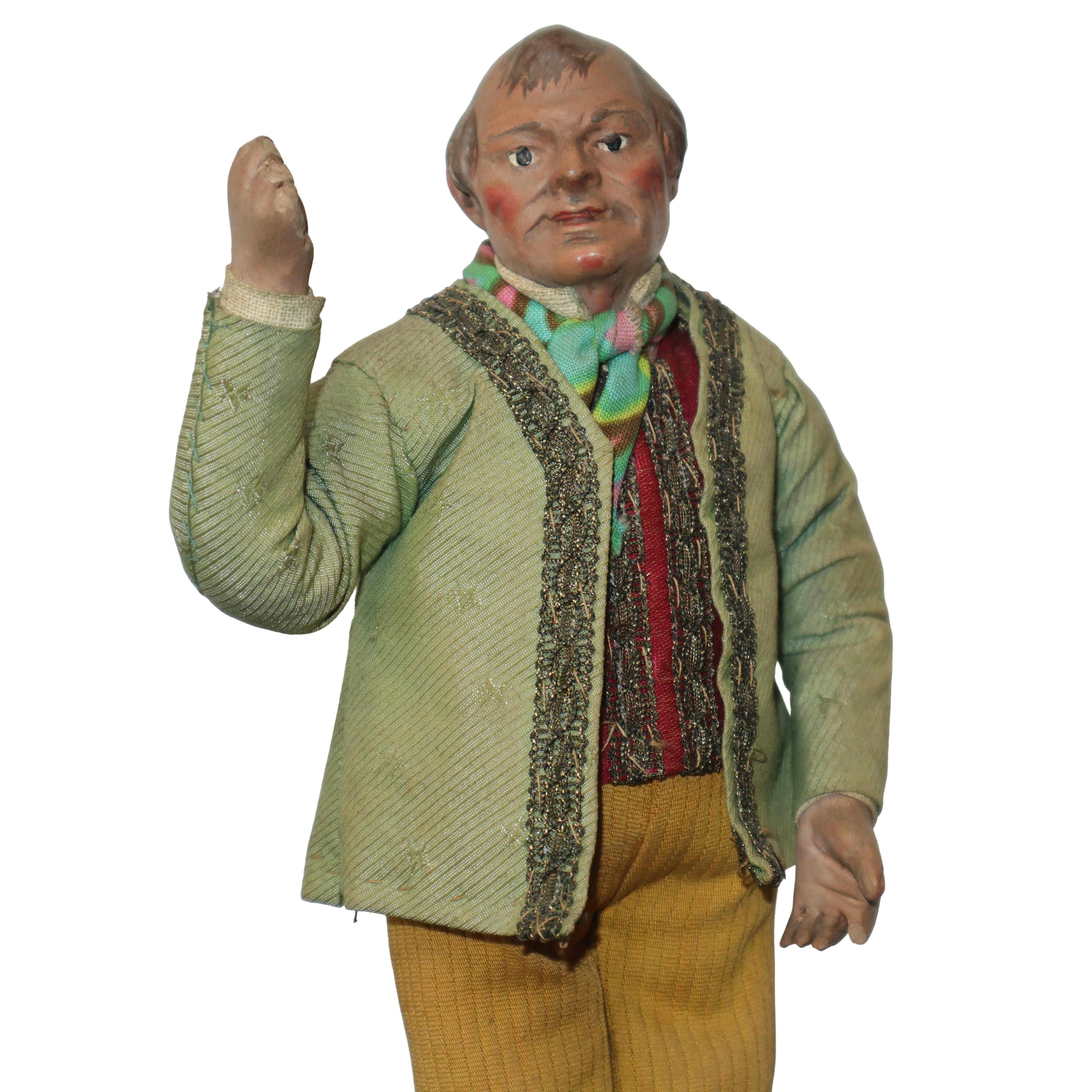 Personaggio presepiale, uomo calvo con giubbotto color cammello, terracotta e legno, Napoli XIX s...