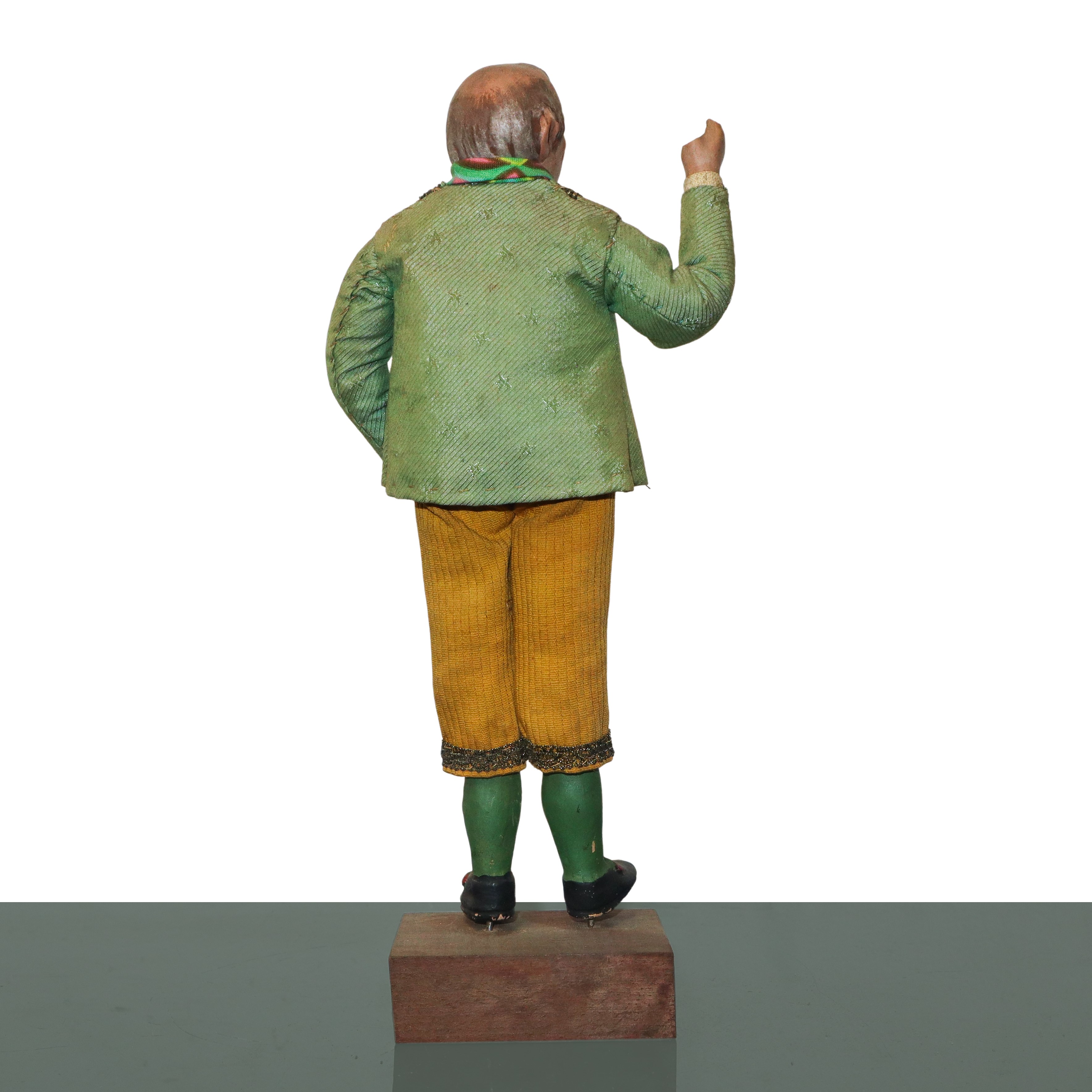 Personaggio presepiale, uomo calvo con giubbotto color cammello, terracotta e legno, Napoli XIX s...