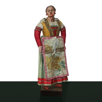 Personaggio presepiale, terracotta e legno con vesti in cotone, raso e passamaneria, Napoli XIX s...