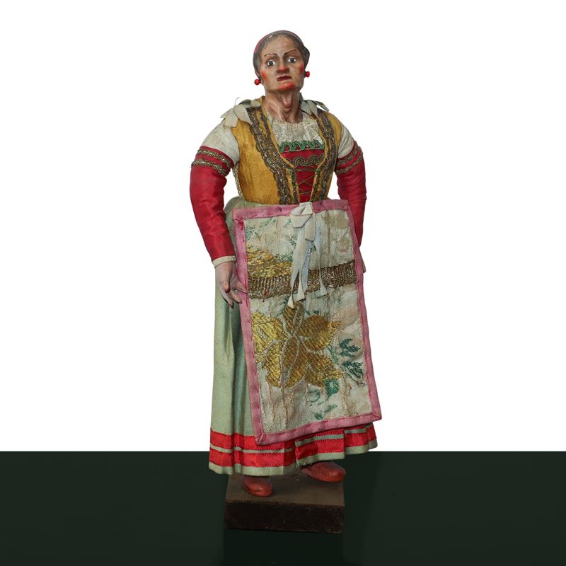 Personaggio Presepiale in Terracotta e Legno con Vesti in Cotone, Raso e Passamaneria: Popolana