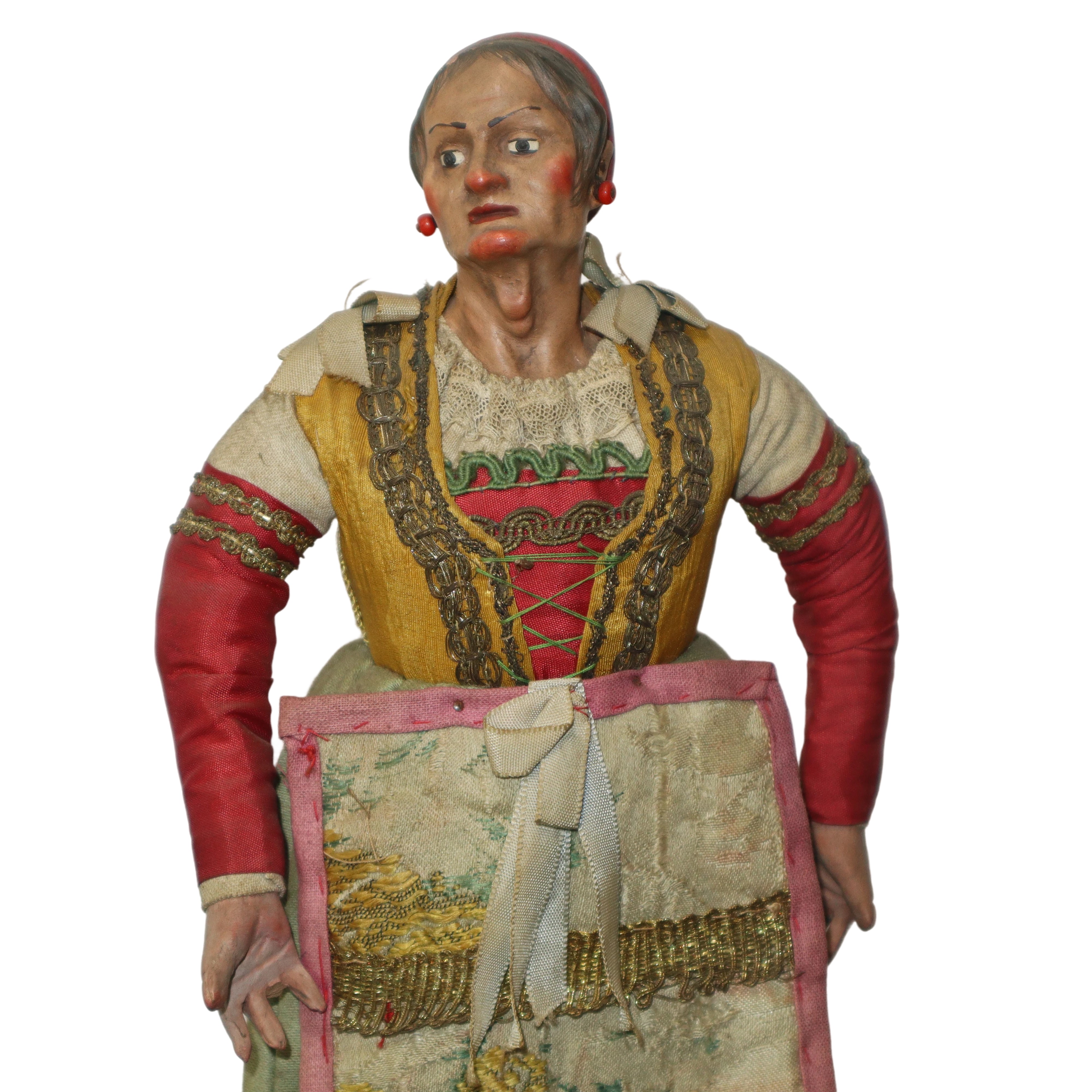 Personaggio Presepiale in Terracotta e Legno con Vesti in Cotone, Raso e Passamaneria: Popolana