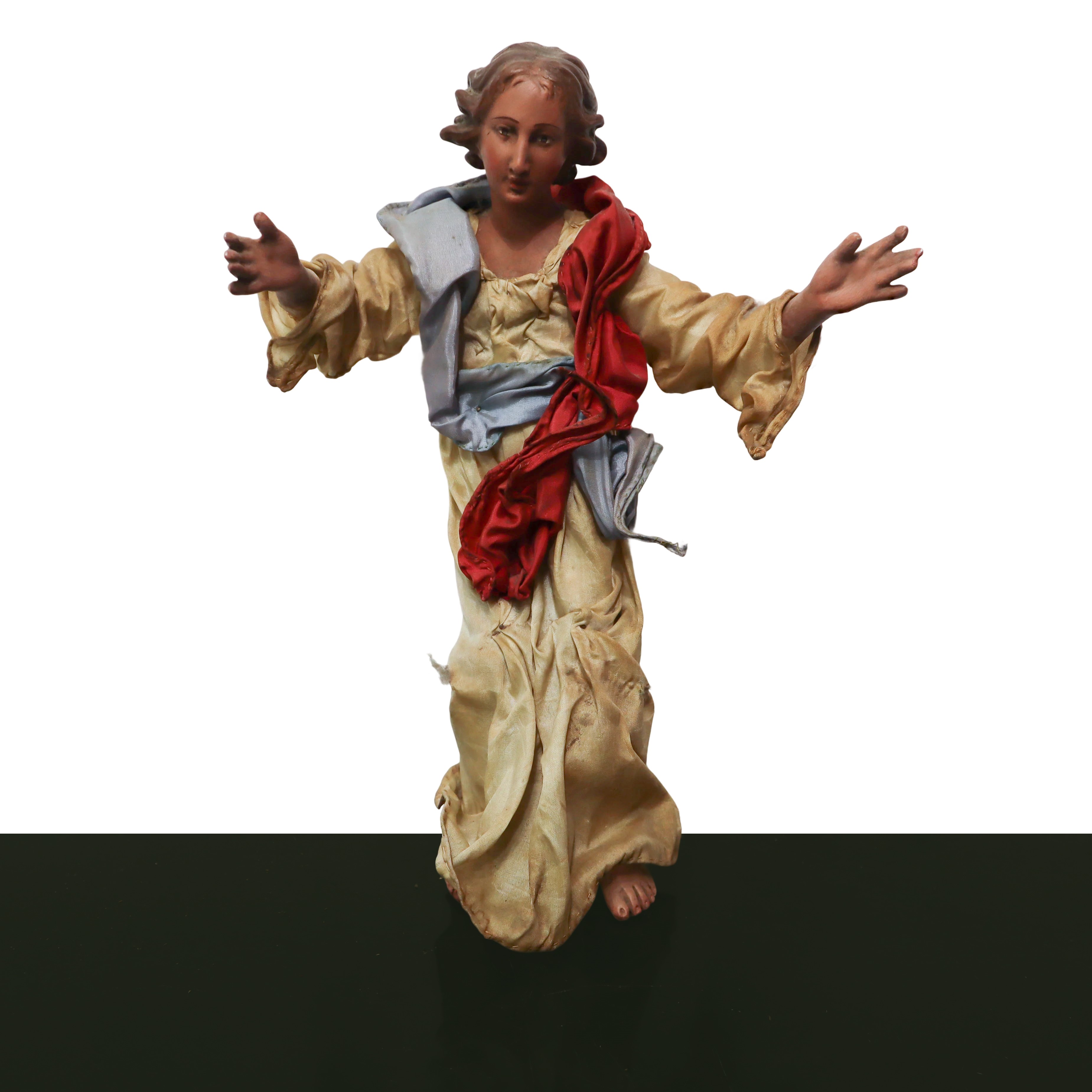 N°3 Angeli Presepiali in Terracotta e Legno con Vesti in Cotone, Raso e Passamaneria