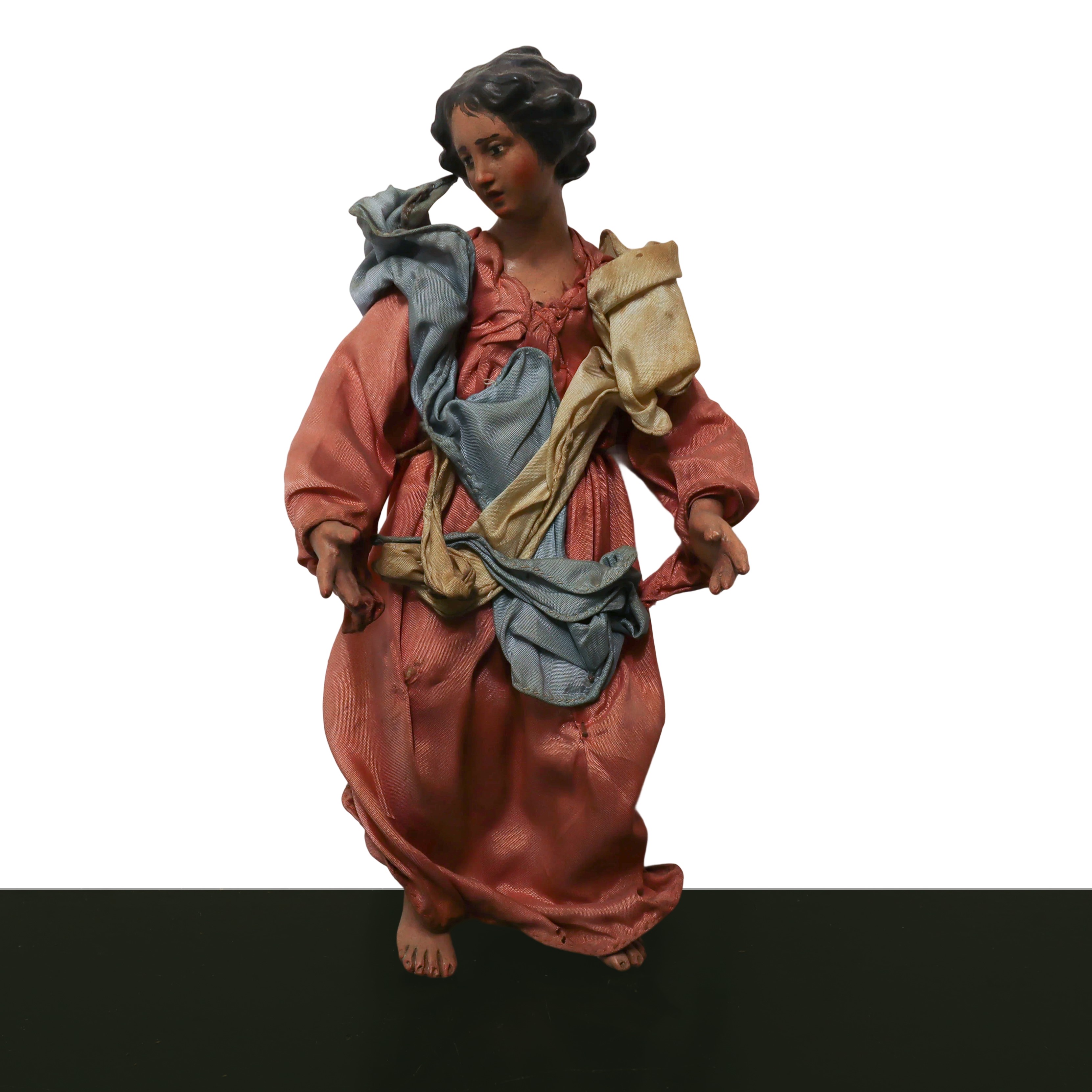 N°3 Angeli Presepiali in Terracotta e Legno con Vesti in Cotone, Raso e Passamaneria