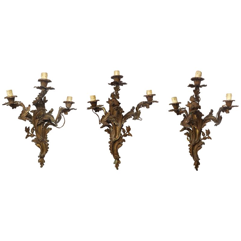 N°3 Appliques in Bronzo Dorato a Tre Luci