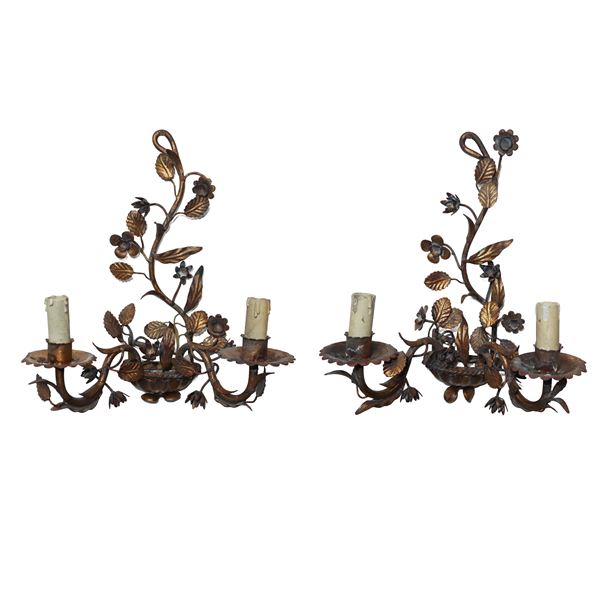 No. 2 two-light wall sconces in golden lamellar with leaves and flowers