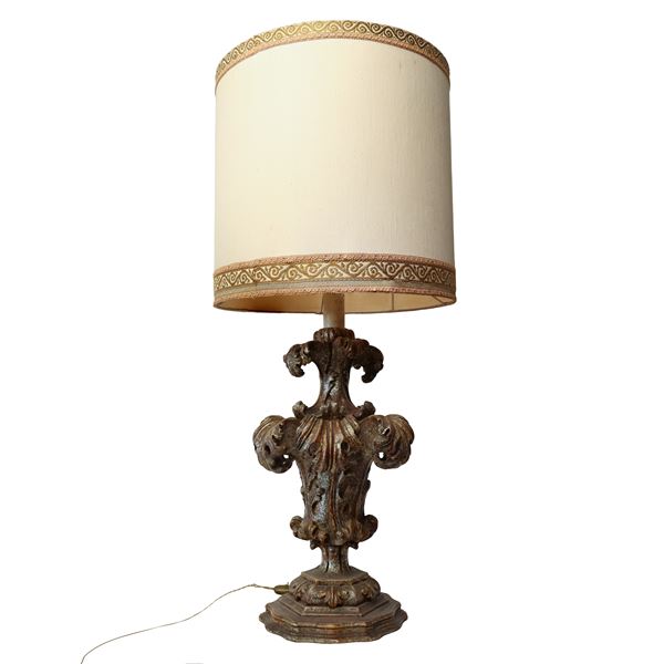 Lamp with carved and engraved wooden base