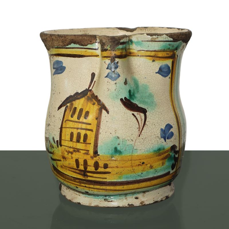 Cannata in Maiolica di Caltagirone Invetriata e Smaltata Policroma con Casa sul Fronte