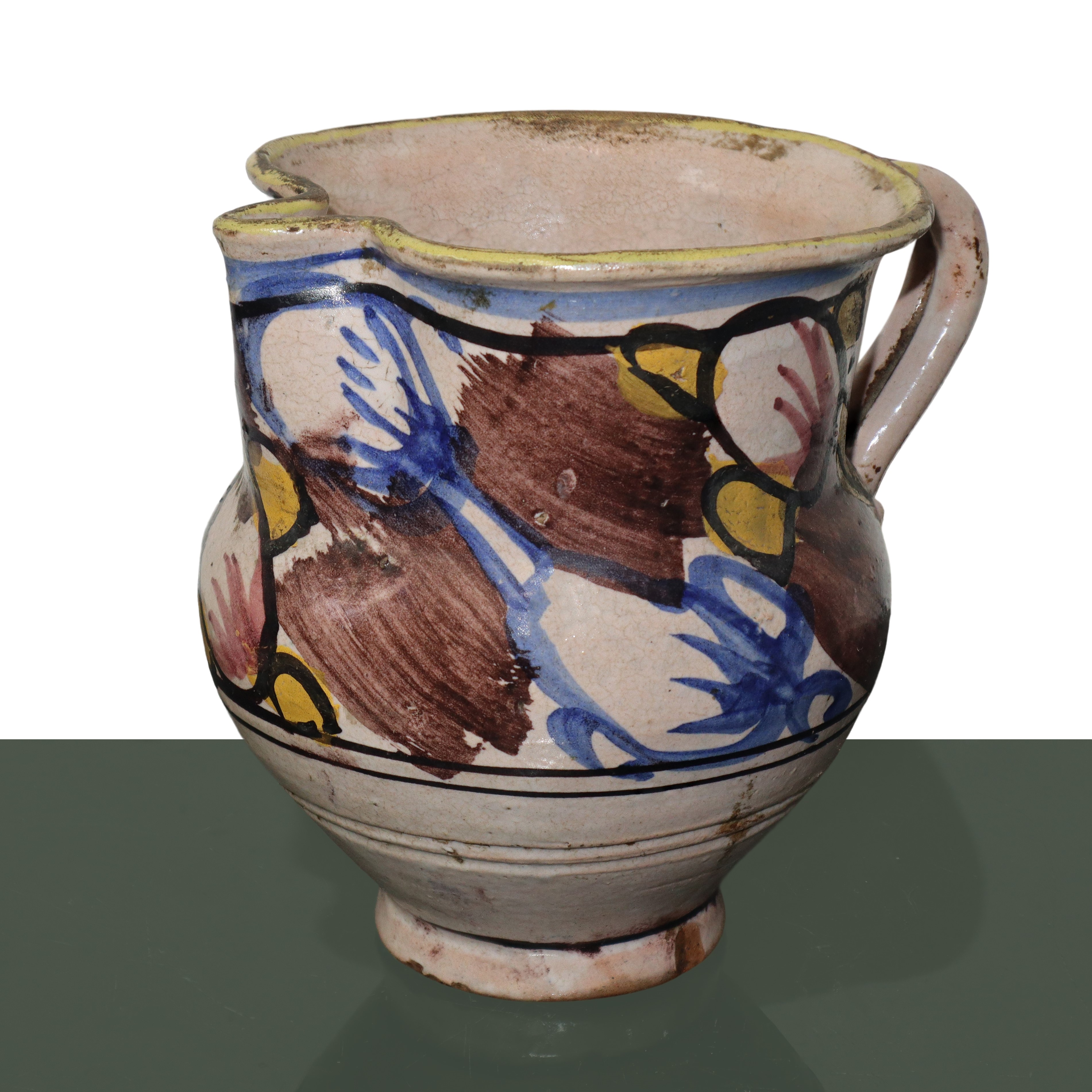 Cannata versatoio in maiolica di Caltagirone invetriata e smaltata policroma