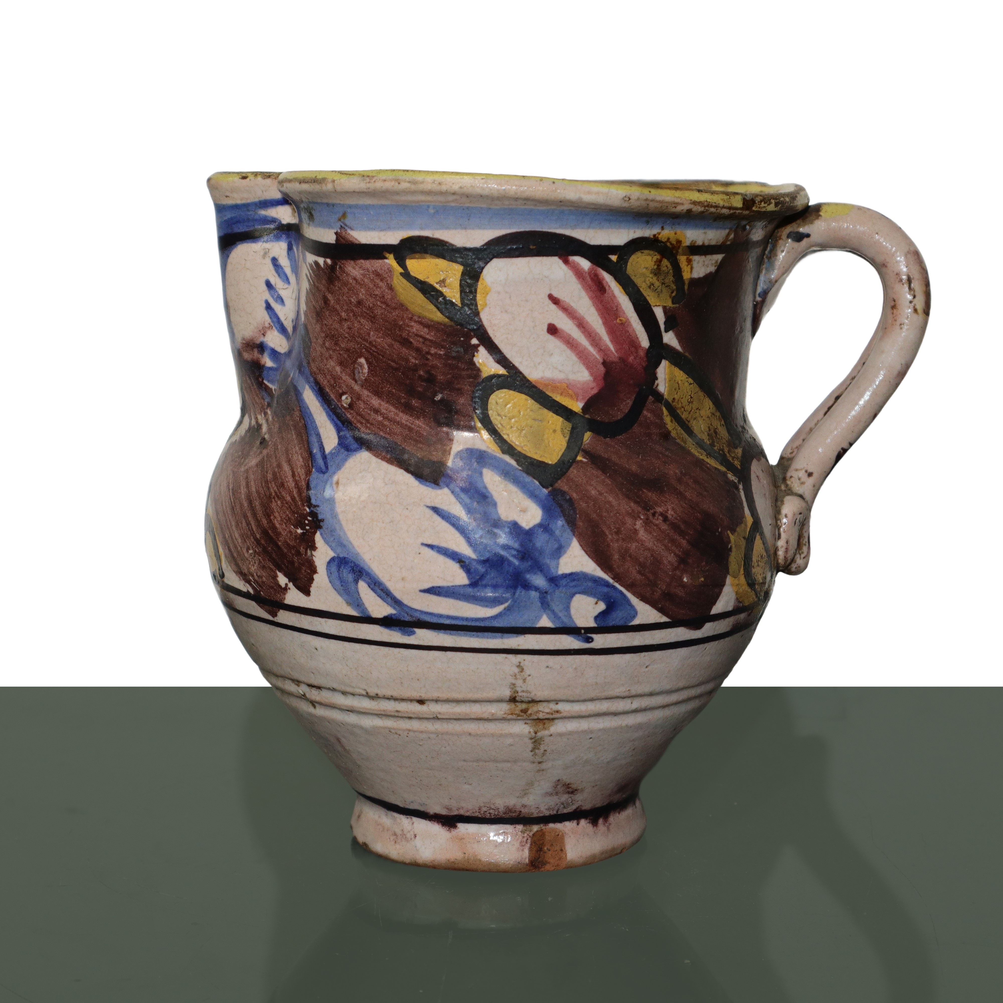 Cannata versatoio in maiolica di Caltagirone invetriata e smaltata policroma